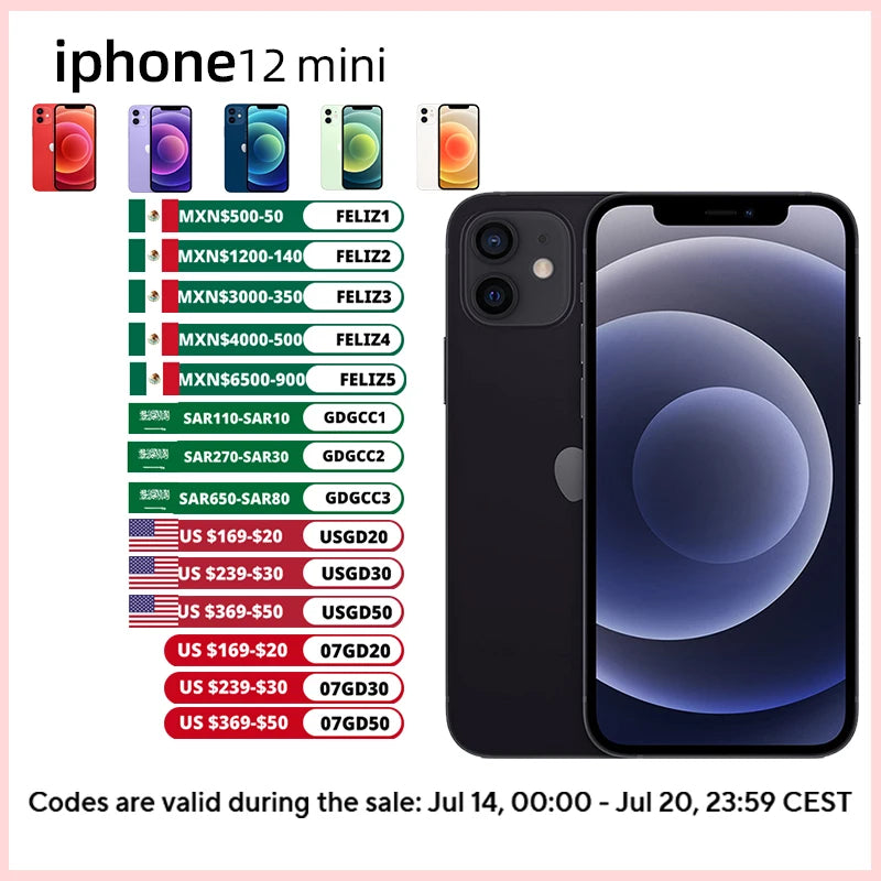 Original Apple iPhone 12 mini 64GB/128GB/256 ROM unlocked 5G 5.4-inch OLED screen A14 biomimetic chip, with Face ID 12MP camera