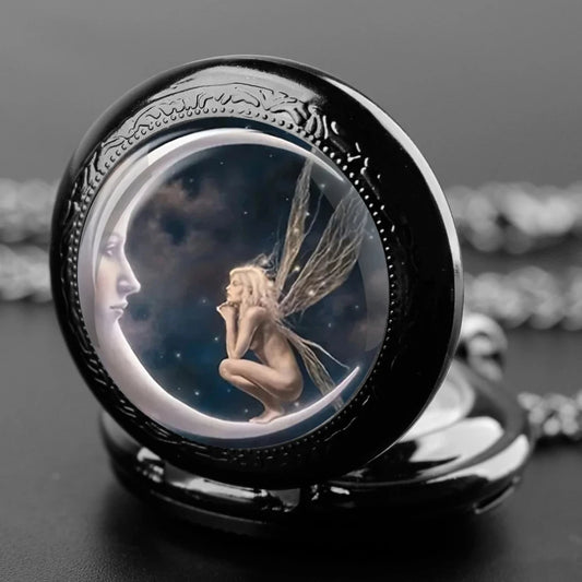 Vintage Angel Girl Design Quartz Pocket Watch with Black Necklace Pendant World-Time Feature, Analog Display For Women Men Kids