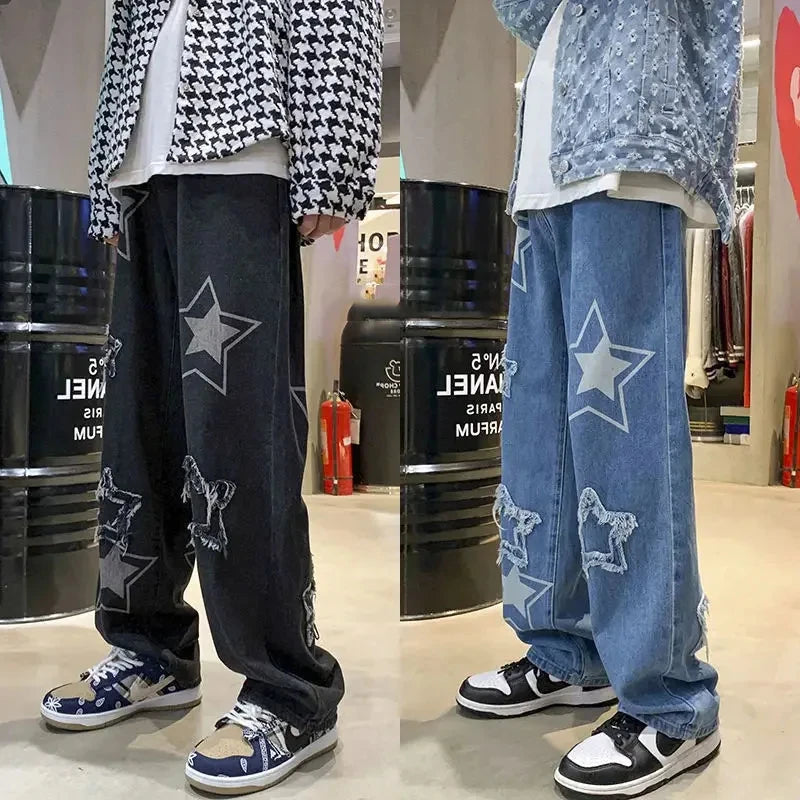 Fashion Casual Stars Towel Embroidery Baggy Men Jeans Pants Y2k Clothes Straight Hip Hop Cotton Trousers Pantalon Homme Men Jean