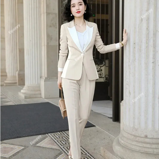 2024 New Women Elegant Pants Sets Fashion Office Lady Black Apricot Long Sleeve Jacket Blazer Coat  Pants 2 Piece Suit Set