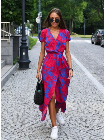 Women Floral Print Long Dresses Summer Sexy V Neck Split Lace-up Dress Female Casual Elegant Short Sleeve Beach Dress Vestidos