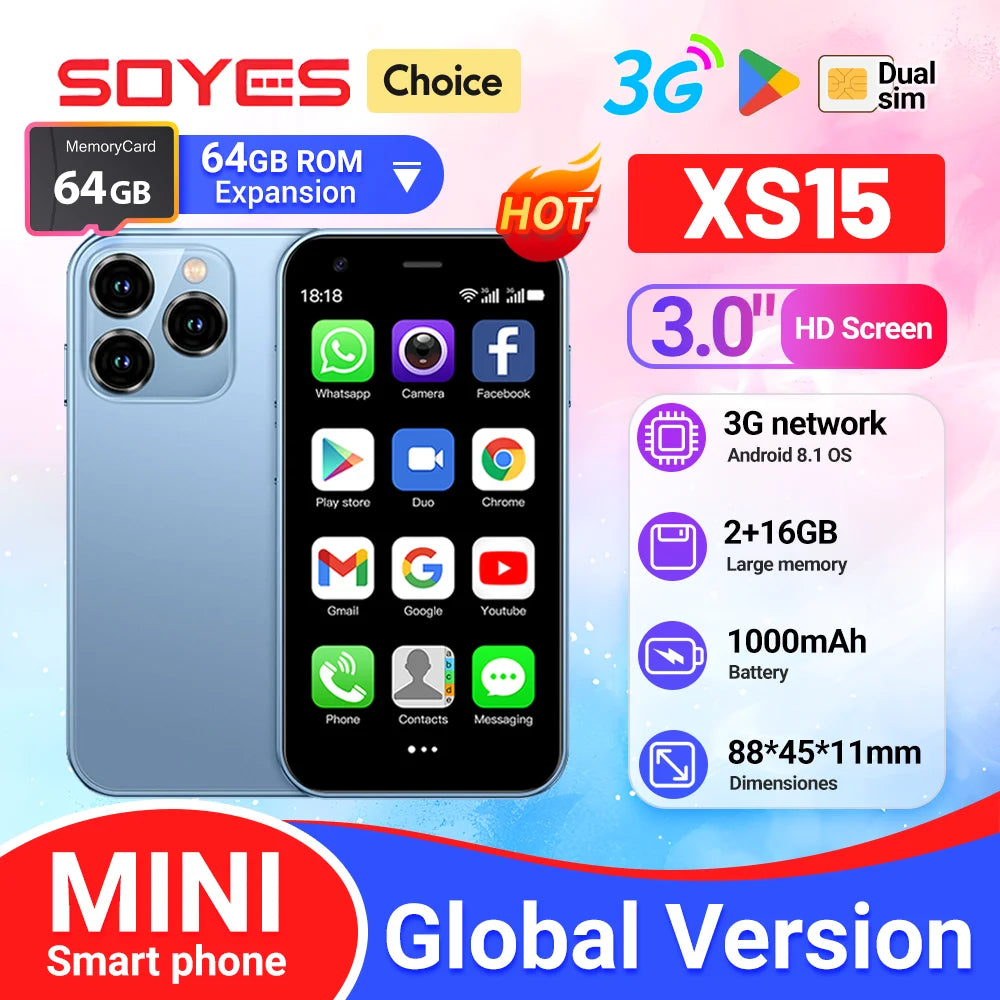 SOYES XS15 Mini Android8.1 Smart Phone 3.0 Inch Display 2GB RAM 16GB ROM Dual SIM Standby Play Store 3G Little Phone