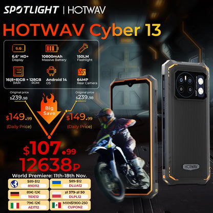 [World Premiere] HOTWAV Cyber 13 Rugged Phone 150LM Flashlight 8GB 128GB Smartphone 6.6'' HD+ 10800mAh 64MP Android 14 Cellphone