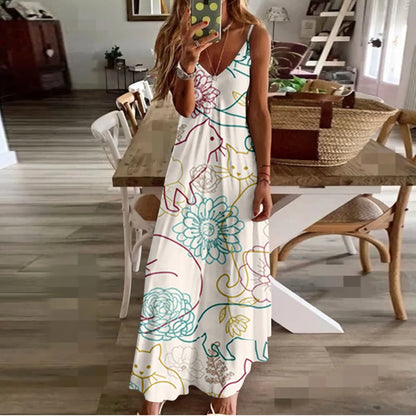 Spring Summer Women V-Neck Cat Printed Sexy Beach Long Maxi Dress Split Sleeveless Clothing Holiday Vestido