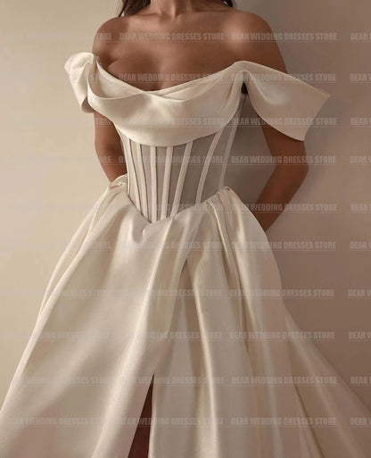 Elegant Woman's A Line Wedding Dresses Sexy Side Split Bridal Gowns Formal Off The Shoulder Pleat Satin Gentle فستان العيد 2024