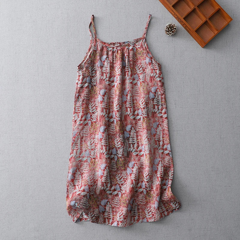 Vintage Women Summer Cotton Linen Spaghetti Strap Print Long Dress Casual Loose Sleeveless Thin Sundress X1371