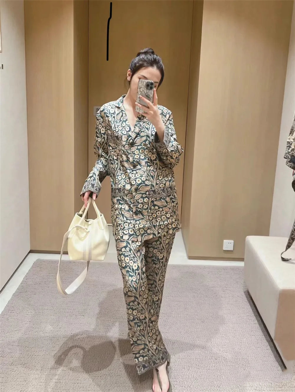 Women's Silk Printed Suit Long Sleeve Shirt+Elastic Waist Trousers Women's 2 Piece Set L*P