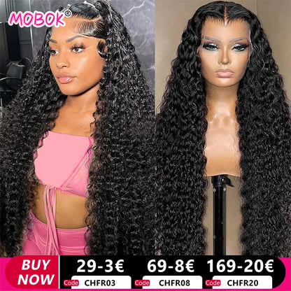 Deep Wave 13x4 Transparent Lace Front Human Hair Wigs For Woman 13x6 Lace Cury Wig 4x4 Lace Closure Wig 180% Density Pre-Plucked