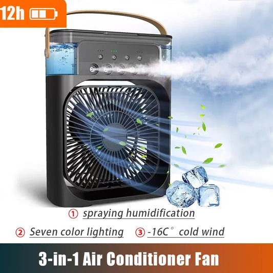 Portable air conditioner fan spray fan humidifying air conditioner fan 7 color night light USB mini air cooler three in one