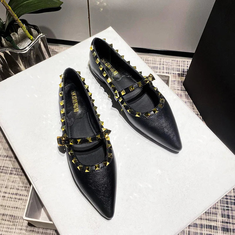 2024 Autumn New Temperament Mary Jane British Style Metal Rivets Shallow Mouth Pointed Female Flat Large Size Women's Shoes 43