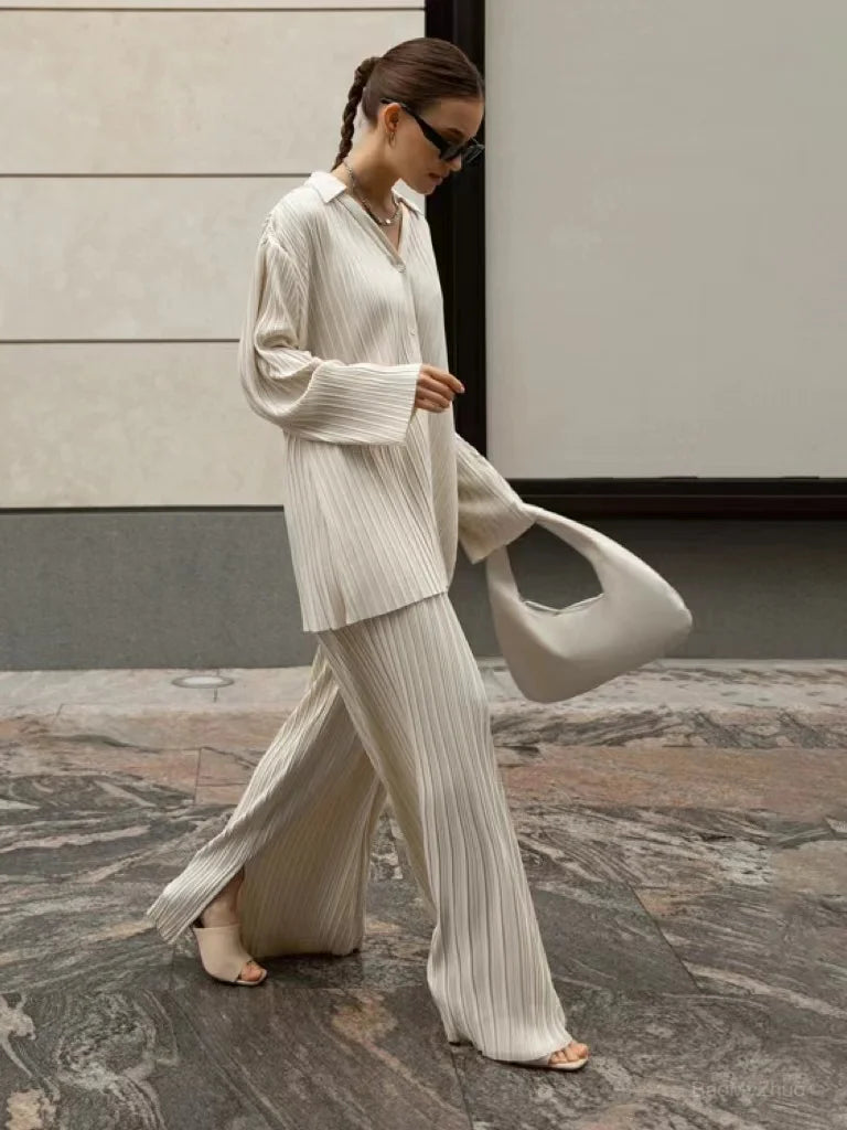 2024 Autumn Fashion Long Sleeve Blouses Womens Two Peice Sets Casual Loose Slit Wide Trouser Suits Elegant White Pleated Female