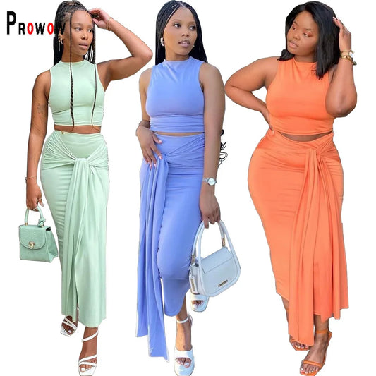 Prowow Two Piece Women Skirt Suits Solid Color Skinny Slim Fit Cropped Tops Summer Female Clothing Set 2024 New Design Outfits