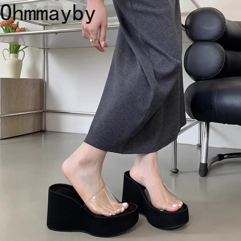 2024 Summer Chunky Woman Slippers Fashion PVC Transparent Platform Wedges Heel Slides Ladies Casual Outdoor Beach Shoes