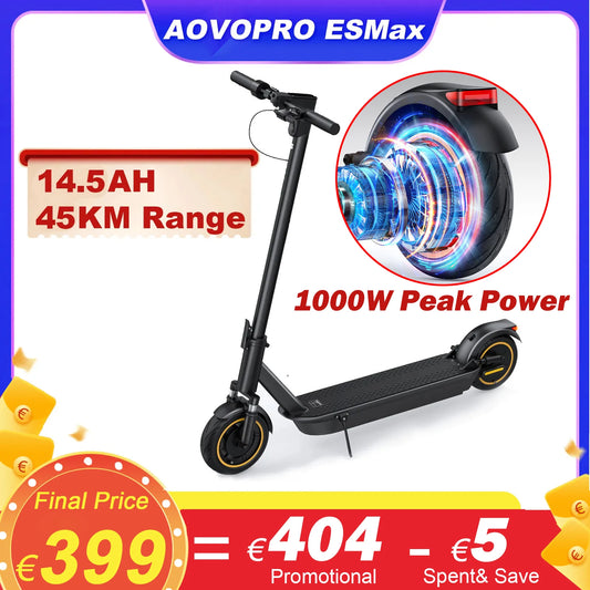 AOVOPRO ESMax 14.5AH Electric Scooter 35KM/H 1000W Smart Adult Electric Kick Scooter 10Inch Folding Escooter with 45KM Max Range