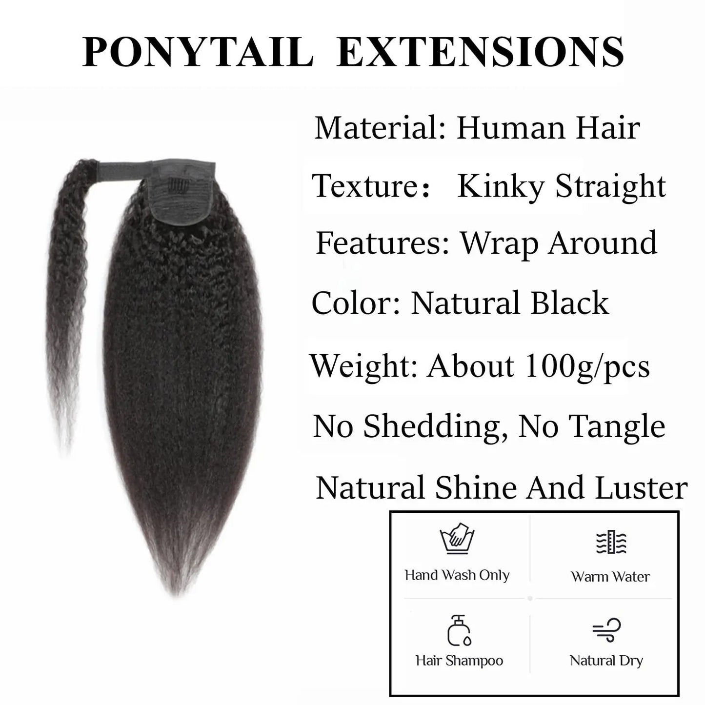 Kinky Straight Ponytail Human Hair Extension 100g Wrap Around Clip In Ponytail Natural Black #1B Remy Indian 10-26inch For Women