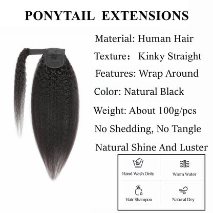 Kinky Straight Ponytail Human Hair Extension 100g Wrap Around Clip In Ponytail Natural Black #1B Remy Indian 10-26inch For Women