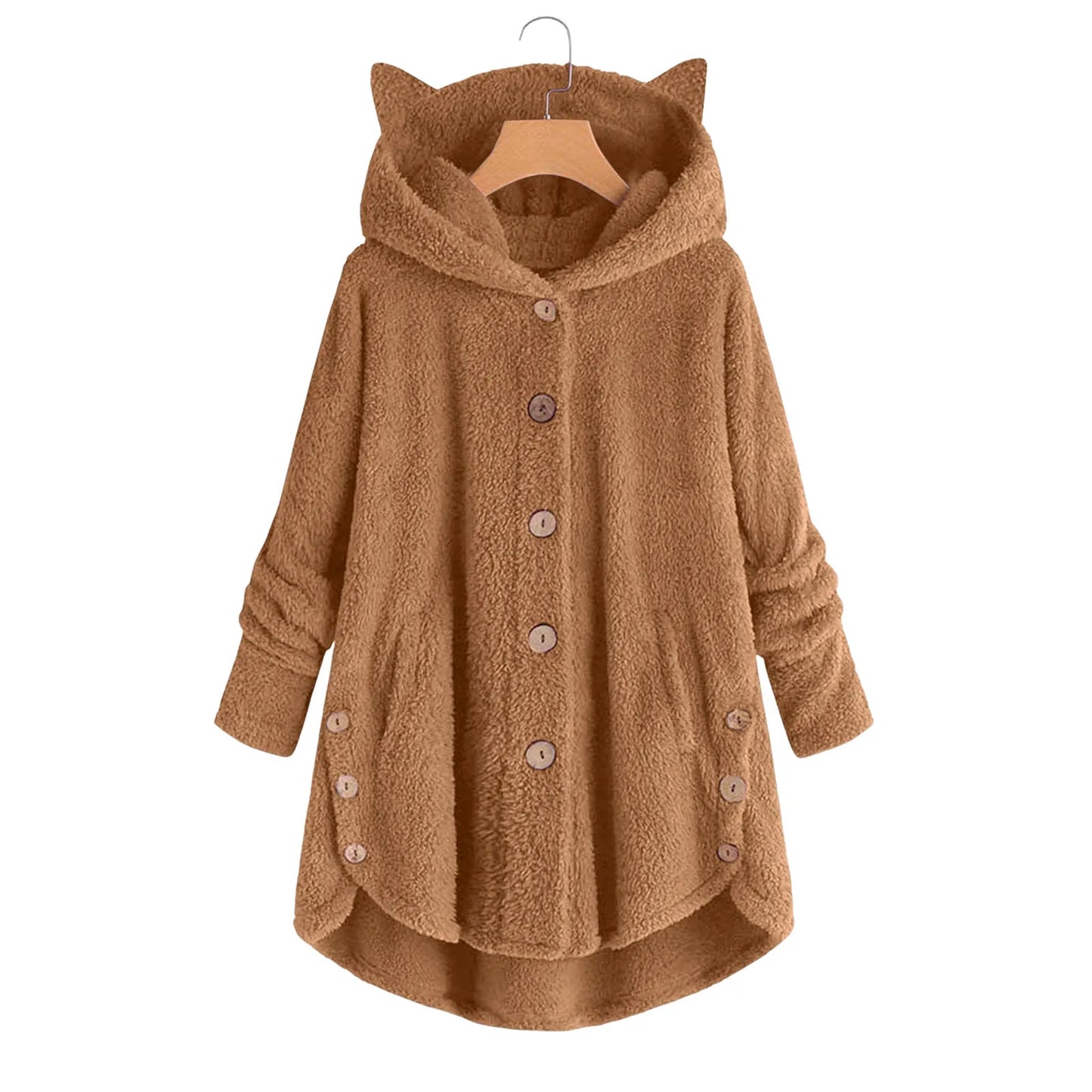 2023 Women's Coat Winter Plus Velvet Sports Winter Cute Cats Ears Hooded Irregular Hem Buttons Jacket Fleece Coat Christmas Gift