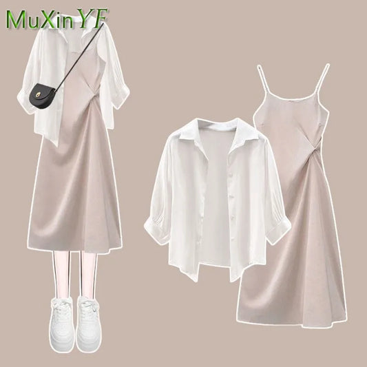 Women's Summer Dress Matching Set 2023 New Fashion Chiffon Sunscreen Shirt Slip Skirt Two-piece Korean Elegant Chic Blouse Suit