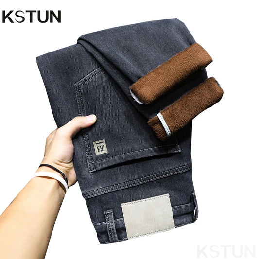 KSTUN 2024 Winter Jeans Men Warmer Harem Pants Thicken Jeans Fleece Blue Stretch Tapered Men's Trousers Streetwear Mens Clothing