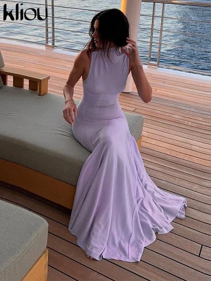 Kliou Simple Draped Long Dress Women 2024 New Elegant Concise Sleeveless Back Hollow Stand Collar Bodycon Mujer Holiday Vestidos