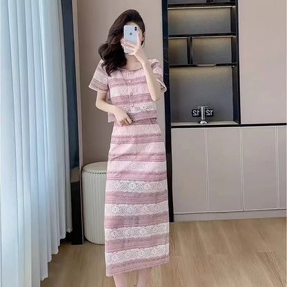 New High End Summer Lace 2 Piece Sets Women Outfit Striped Square Collor Short Sleeve Top Shirt + Long Skirt Suits Office Lady