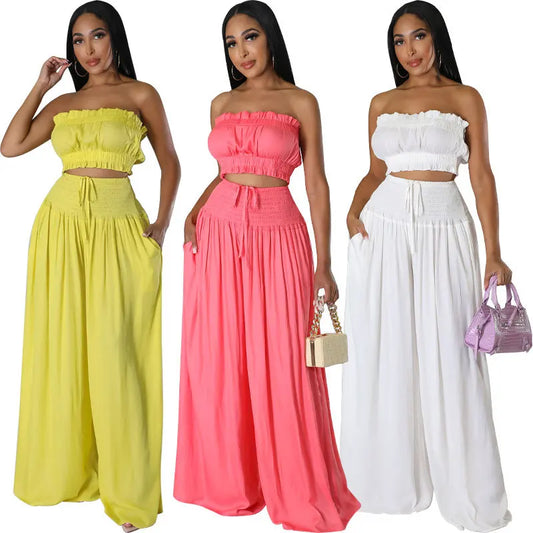 Two Piece Set For Women Pants 2 Piece Sets Women Outfit Strapless Crop Top And High Waist Wide Leg Loose Pants Wholesale Clothes