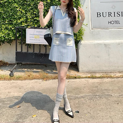 Blue Vertical Stripe Skirt Set Women's 2024 New Style Polo Collar Sleeveless Knit Vest Top+half Skirt Two Pieces Set