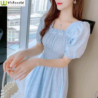 Casual and Versatile Chiffon Short Sleeved Dress New Summer Collection Waist Slimming Temperament Square Neck Mid Length Skirt