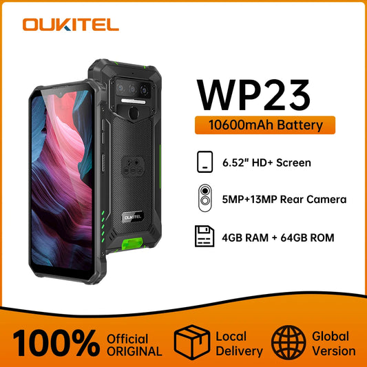 Oukitel WP23 Rugged Cell phones Android 13 10600mAh Smartphone 4GB 64GB 6.52" HD+Display Mobile Phone 13MP Rear Camera NFC