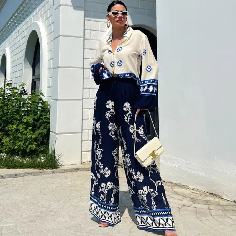 2024 Summer Loose New In Pant Sets Women 2 Piece Set Outfit Boho Long Sleeve Shirt Tops And Wide Leg Trousers Suit Elegant