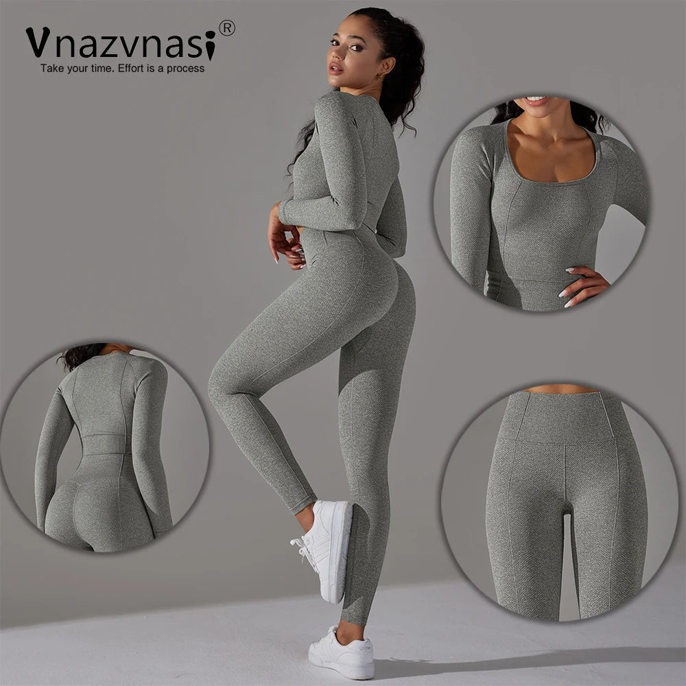 Vnazvnasi Seamless Women's Sports Set Long Sleeve Yoga Suit for Fitness Push Up Tights Sportswear Workout Clothes Outfit 2 Pcs