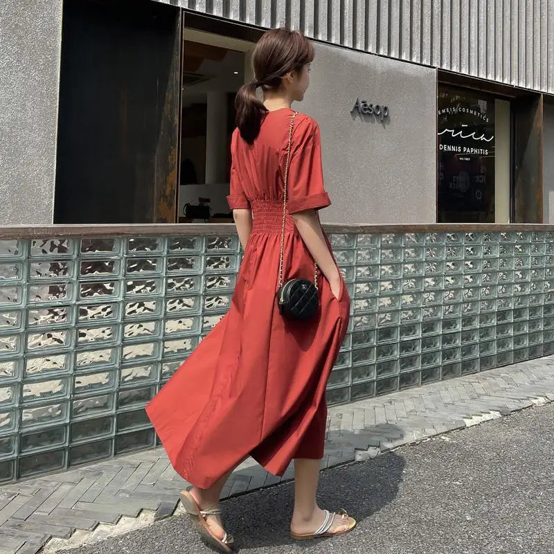 Vintage Solid Women's Clothing O-neck Pullovers Long Dress Summer Casual High Waist A-line Skirt 2024 New Temperament Dresses