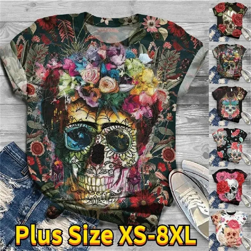 Female Holiday Classic Short Sleeve Featured Comfortable Women's T-Shirt Colorful Skull Floral Print Round Neck Luxury Slim Tees