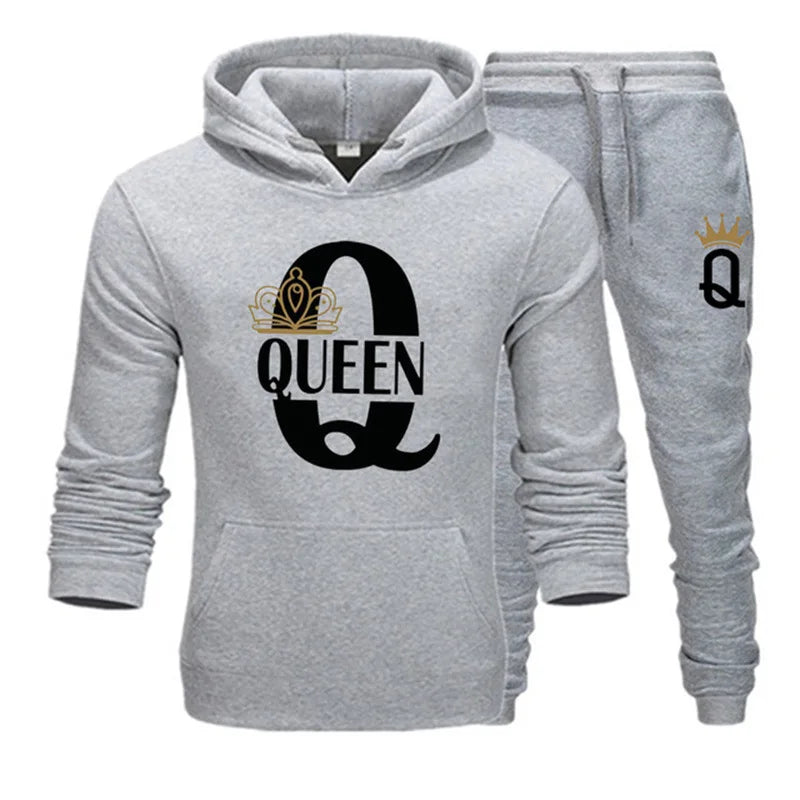 2024 New Autumn and Winter Men's and Women's Sweater Set KING QUEEN Loose Relaxed Hooded Print Couple Set