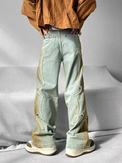 New High Street Vintage Baggy Jeans Washed and Old Y2K Men and Women Sagging Streetwear Hip-hop Straight Jeans Long Pants Korean