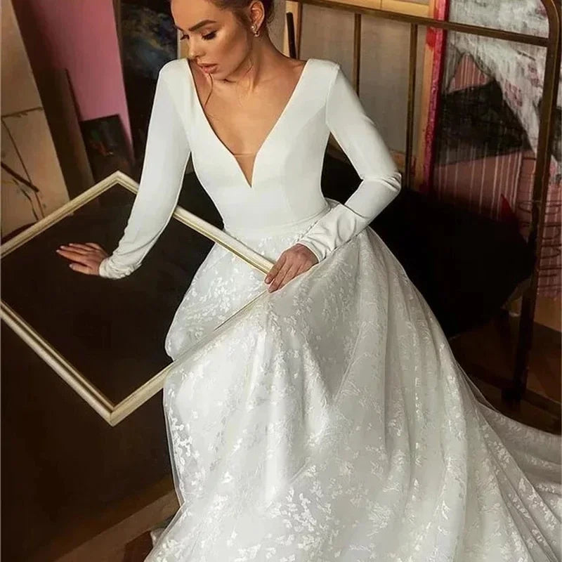 Flavinke Vintage Satin Lace Wedding Dresses 2024 Long Sleeve V-neck Backless Bridal Gowns White Vestido de Novia Open Back Long