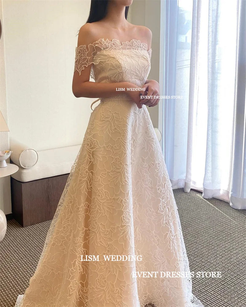 LISM Elegant Lace Korea A-Line Wedding Dresses Photo Shoot Off The Shoulder Long Bridal Gowns Floor Length Formal Dress Women