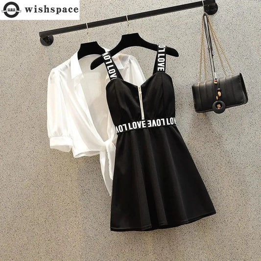 Summer New Sunscreen Chiffon Shirt Letter Printing Sling Dress Two Piece Elegant Women's Dress Set Casual Outfits Clothing