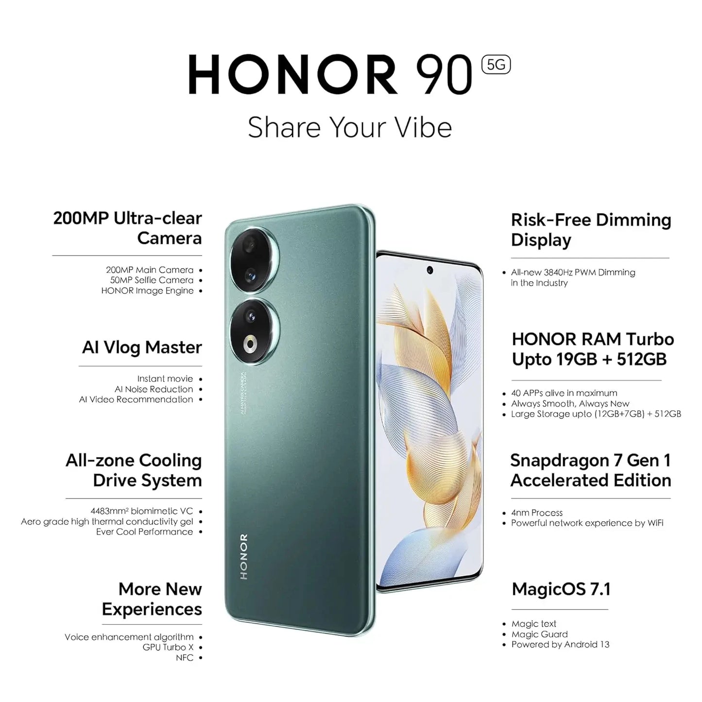 Global-HONOR 90,Smartphone Android 5G Network 6.7 inch 200MP Camera 5000mAh Mobile phones 256GB/512GB ROM NFC Google Cell phone