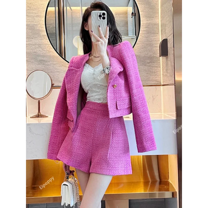 Autumn Winter New Shorts Suit Women Elegant Long Sleeve Tweed Section Suit Jacket + High Waist Shorts 2 Pcs Set Matching Sets