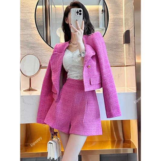 Autumn Winter New Shorts Suit Women Elegant Long Sleeve Tweed Section Suit Jacket + High Waist Shorts 2 Pcs Set Matching Sets