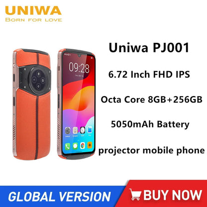 Uniwa PJ001 Rugged 4G Smartphones 6.72Inch FHD Octa Core 8GB+256GB Android 12 Projector Mobile Phone 5050mAh 18W Fast Charge NFC