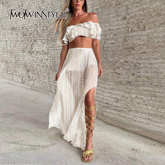 TWOTWINSTYLE Sexy Spliced Lace Two Piece Set For Women Slash Neck Crop Top High Waist Split Skirt Chic Sets Female New KSE506384