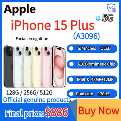 Apple iPhone 15 plus iOS 17 Apple A16 Bionic Super Retina XDR OLED Display IP68 dust/water resistant Dual-SIM 100% New Original