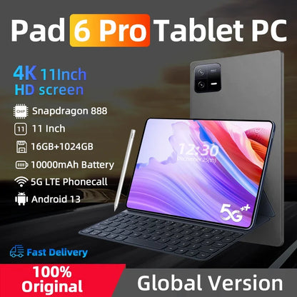 2024 Original Global Version HD 4K Pad 6 Pro Snapdragon 888 Tablets PC 11 inch Android 13 16GB+1TB 5G Dual SIM Card WIFI Tab