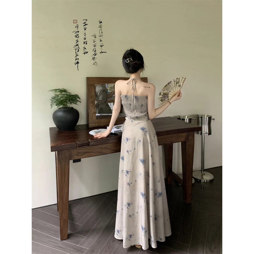 2024 New Summer Chinese Style Hanging Neck Strap Tank Top Women's Set Medium Length Half Skirt Two Piece Set