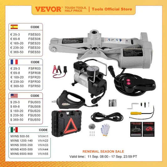 VEVOR 3 Ton Electric Car Jack Lifting Set DC 12V Car Scissor Floor Jack Kit + Impact Wrench + Air Pump SUV Auto Car Repair Tools