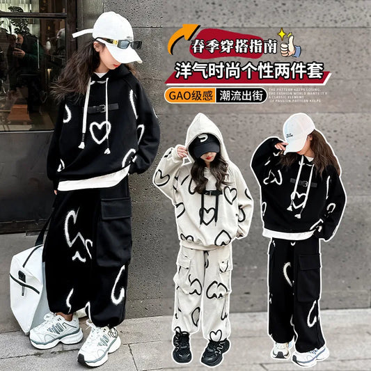 Spring Fall School Girls Sport Suit Printed Hooded Sweatshirt+Sport Pants 2pcs Teen Kids Clothes Set Children Tracksuit outfit