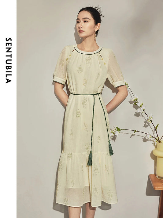 Sentubila New Chinese Style Jacquard Midi Dress Women 2024 Summer Apricot Round Neck Elegant Floral Short Sleeve Dress 142L54570