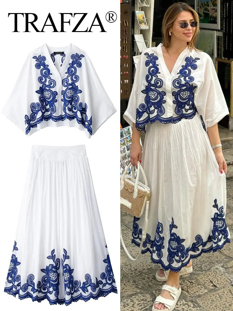 TRAFZA 2024 Woman Embroidery Print Set V Neck Casual Shirt Top + A-Line High Waist Chic Elegant Women's Pleated Long Skirt TRAF